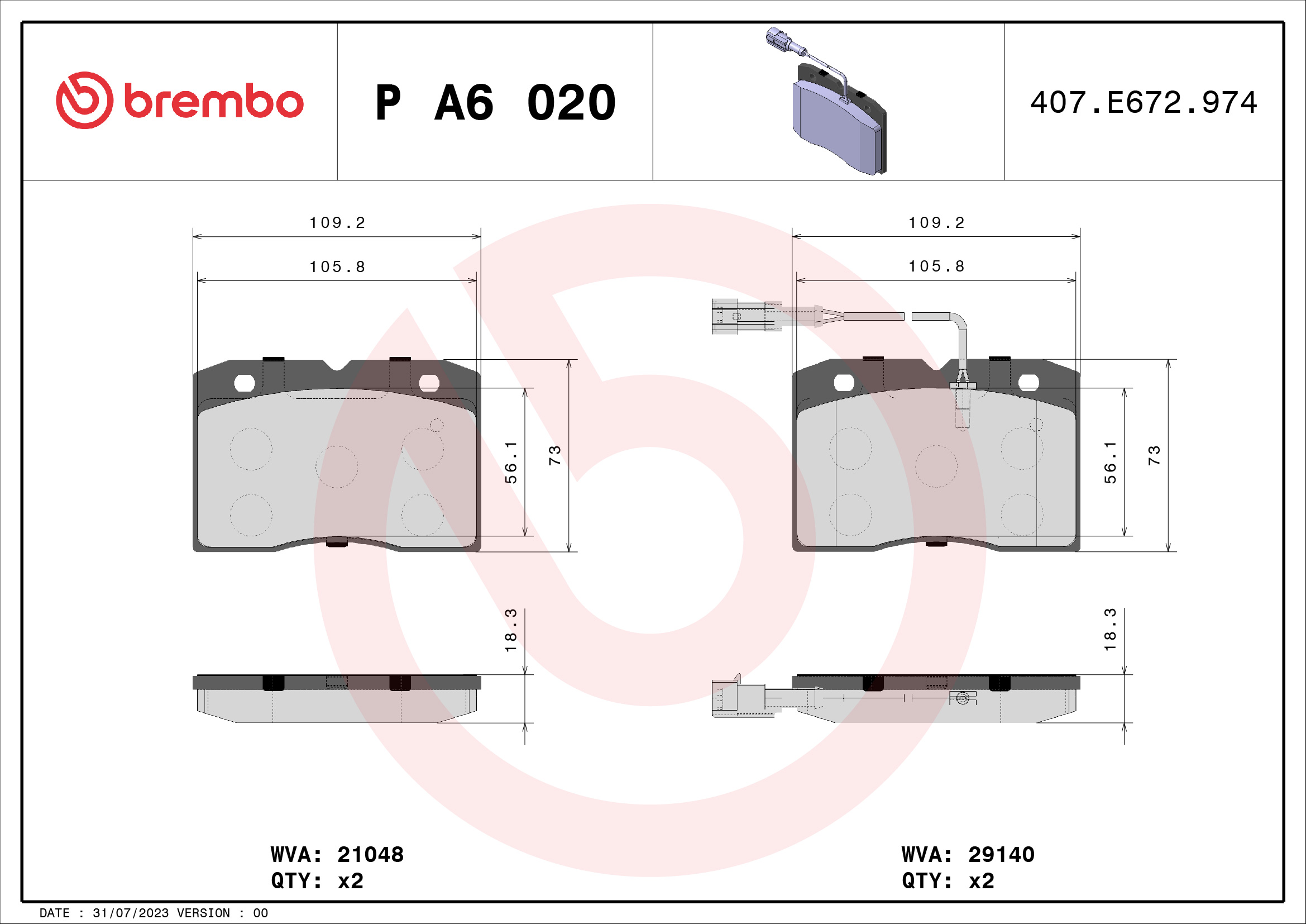 A.B.S. P A6 020 BREMBO Bremsbelagsatz, Scheibenbremse
